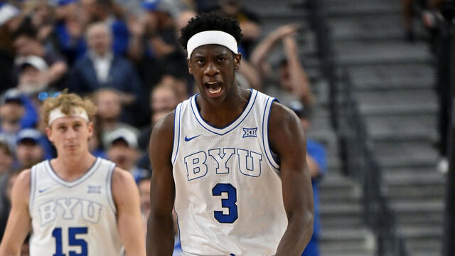 LAS VEGAS, NEVADA - NOVEMBER 03: AJ Dybantsa #3 of the BYU Cougars reacts after a basket during the second half of a Hall of Fame Series game against the Villanova Wildcats at T-Mobile Arena on November 03, 2025 in Las Vegas, Nevada. The Cougars defeated the Wildcats 71-66.