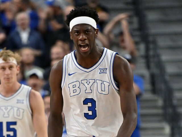 LAS VEGAS, NEVADA - NOVEMBER 03: AJ Dybantsa #3 of the BYU Cougars reacts after a basket during the second half of a Hall of Fame Series game against the Villanova Wildcats at T-Mobile Arena on November 03, 2025 in Las Vegas, Nevada. The Cougars defeated the Wildcats 71-66.