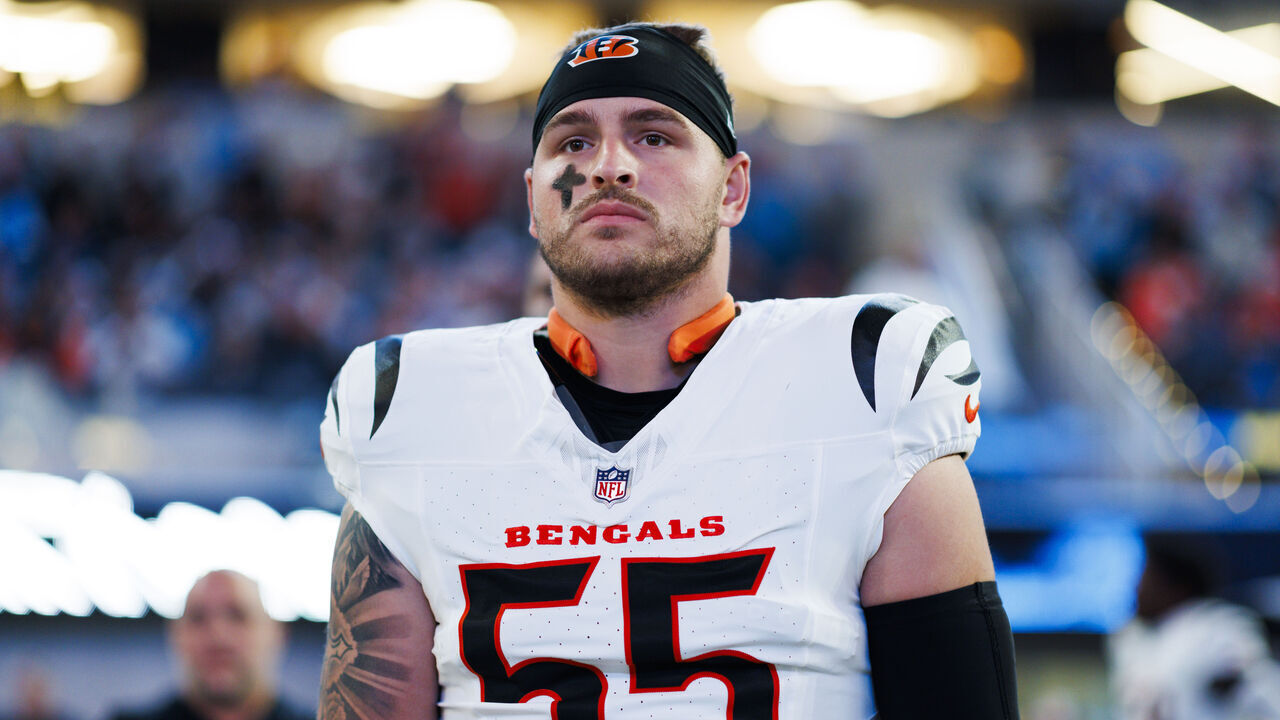 INGLEWOOD, CALIFORNIA - NOVEMBER 17: Logan Wilson #55 of the Cincinnati Bengals on the sideline during the second half against the Los Angeles Chargers at SoFi Stadium on November 17, 2024 in Inglewood, California.