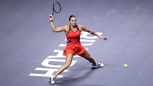 RIYADH, SAUDI ARABIA - NOVEMBER 02: Aryna Sabalenka plays a forehand against Jasmine Paolini of Italy during their Round Robin Singles match on day two of the WTA Finals Riyadh as part of the Hologic WTA Tour 2025 at King Saud University Indoor Arena on November 02, 2025 in Riyadh, Saudi Arabia.