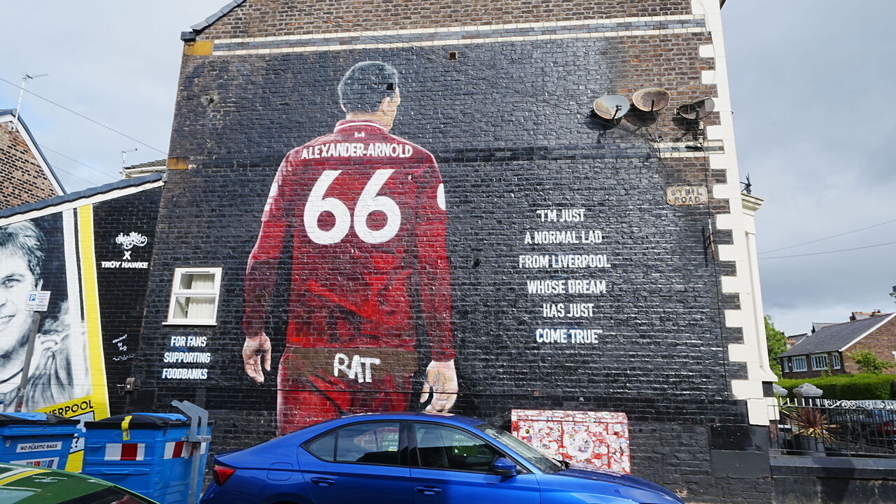 A view of the Trent Alexander-Arnold mural in Liverpool defaced with the word 'RAT'. Picture date: Saturday July 5, 2025.