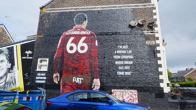 A view of the Trent Alexander-Arnold mural in Liverpool defaced with the word 'RAT'. Picture date: Saturday July 5, 2025.
