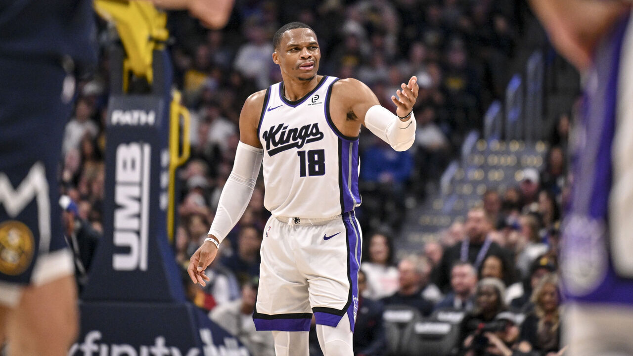 DENVER , CO - NOVEMBER 3: Russell Westbrook (18) of the Sacramento Kings reacts to being whistled for a charge call on Jamal Murray (27) of the Denver Nuggets during the fourth quarter of the Nuggets' 130-124 win at Ball Arena in Denver, Colorado on Monday, November 3, 2025.