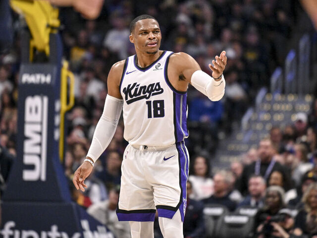 DENVER , CO - NOVEMBER 3: Russell Westbrook (18) of the Sacramento Kings reacts to being whistled for a charge call on Jamal Murray (27) of the Denver Nuggets during the fourth quarter of the Nuggets' 130-124 win at Ball Arena in Denver, Colorado on Monday, November 3, 2025.
