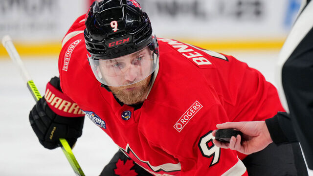 MONTREAL, QUEBEC - FEBRUARY 15: Sam Bennett #9 of Team Canada sets up to take a face-off during the third period of the 4 Nations Face-Off game between the United States and Canada at Bell Centre on February 15, 2025 in Montreal, Quebec.