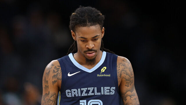 MEMPHIS, TENNESSEE - NOVEMBER 03: Ja Morant #12 of the Memphis Grizzlies looks on during the first half against the Detroit Pistons at FedExForum on November 03, 2025 in Memphis, Tennessee.