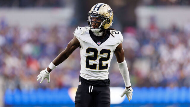 INGLEWOOD, CALIFORNIA - NOVEMBER 02: Rashid Shaheed #22 of the New Orleans Saints gets set during the fourth quarter of an NFL football game against the Los Angeles Rams at SoFi Stadium on November 02, 2025 in Inglewood, California.