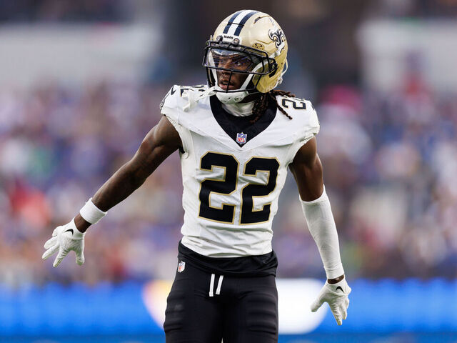 INGLEWOOD, CALIFORNIA - NOVEMBER 02: Rashid Shaheed #22 of the New Orleans Saints gets set during the fourth quarter of an NFL football game against the Los Angeles Rams at SoFi Stadium on November 02, 2025 in Inglewood, California.