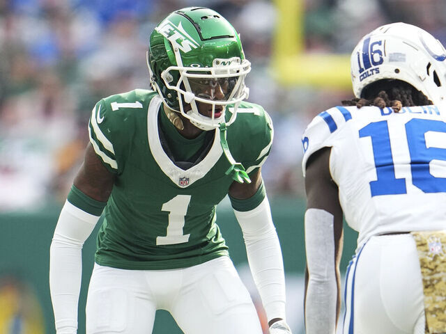 EAST RUTHERFORD, NJ - NOVEMBER 17: Sauce Gardner #1 of the New York Jets lines up before the snap during an NFL football game against the Indianapolis Colts at MetLife Stadium on November 17, 2024 in East Rutherford, New Jersey.