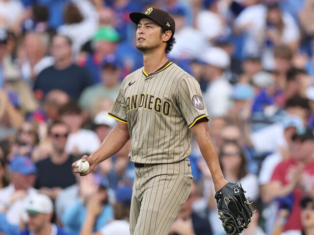 CHICAGO, ILLINOIS - OCTOBER 02: Yu Darvish #11 of the San Diego Padres reacts after allowing a Double to Seiya Suzuki #27 of the Chicago Cubs (not pictured) in the second inning in game three of the National League Wild Card Series at Wrigley Field on October 02, 2025 in Chicago, Illinois.
