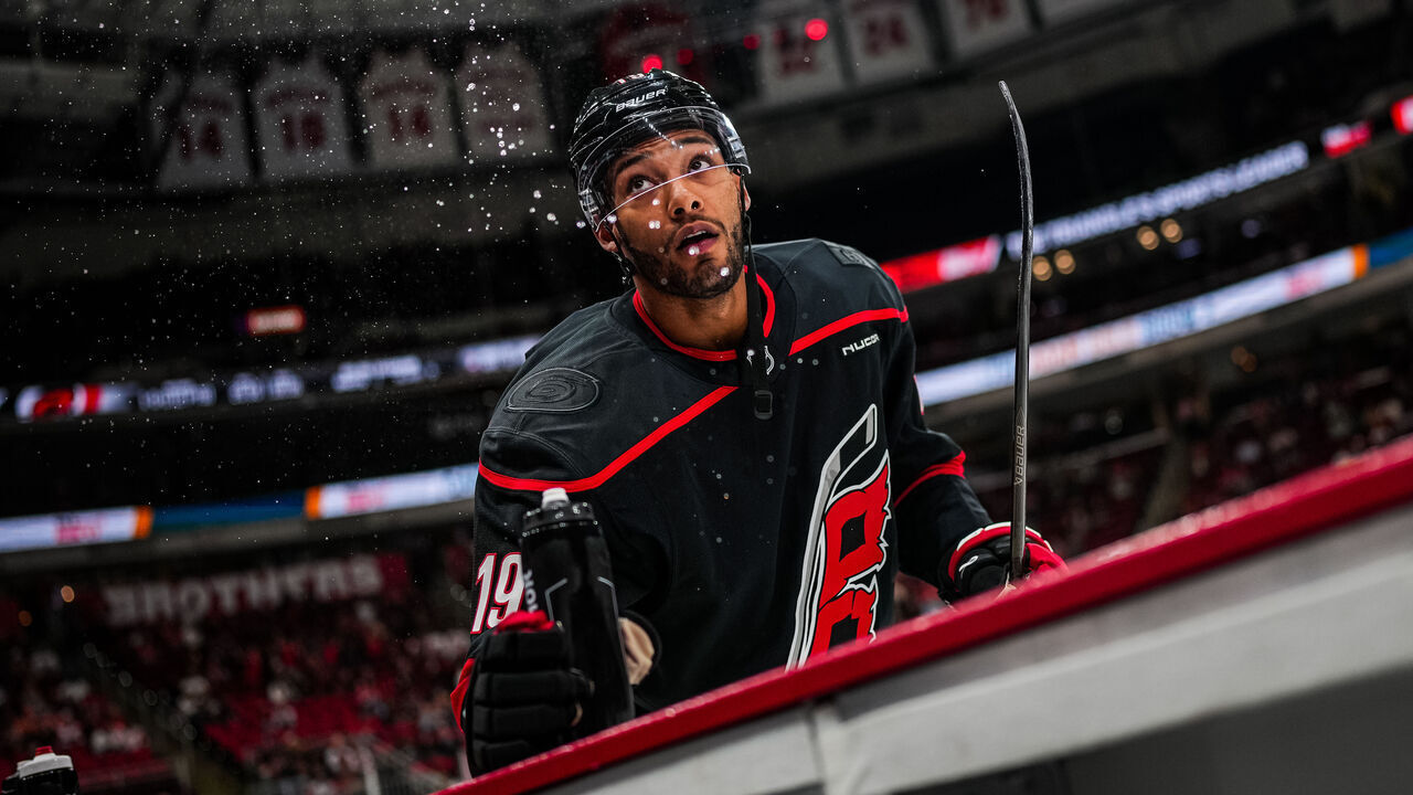 RALEIGH, NORTH CAROLINA - OCTOBER 11: K'Andre Miller #19 of the Carolina Hurricanes warms up prior to a game against the Philadelphia Flyers at Lenovo Center on October 11, 2025 in Raleigh, North Carolina.
