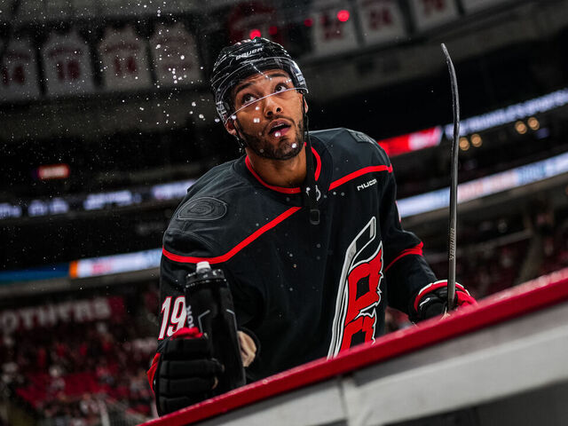 RALEIGH, NORTH CAROLINA - OCTOBER 11: K'Andre Miller #19 of the Carolina Hurricanes warms up prior to a game against the Philadelphia Flyers at Lenovo Center on October 11, 2025 in Raleigh, North Carolina.