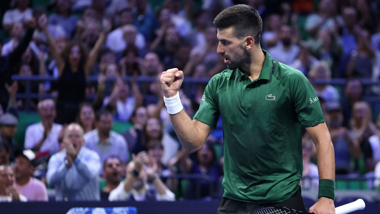 ATHENS, GREECE - NOVEMBER 4: Novak Djokovic of Serbia in action against Alejandro Tabilo of Chile during the Hellenic Championship ATP 250, at OAKA Olympic Athletic Center, in Athens, Greece, on November 4, 2025.