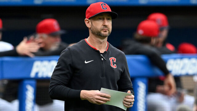 CLEVELAND, OHIO - MAY 13: Associate manager Craig Albernaz #55 of the Cleveland Guardians looks on prior to a game against the Milwaukee Brewers at Progressive Field on May 13, 2025 in Cleveland, Ohio.