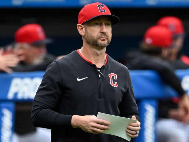 CLEVELAND, OHIO - MAY 13: Associate manager Craig Albernaz #55 of the Cleveland Guardians looks on prior to a game against the Milwaukee Brewers at Progressive Field on May 13, 2025 in Cleveland, Ohio.