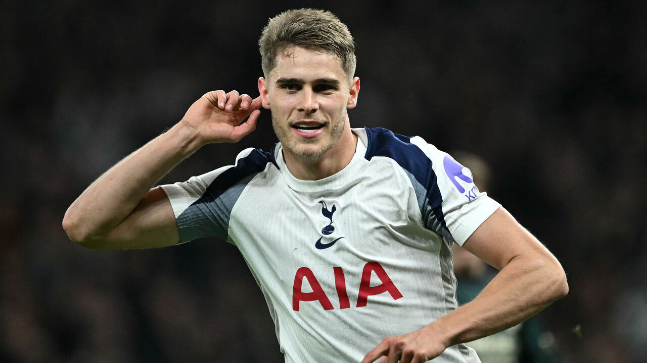 Tottenham Hotspur's Dutch defender #37 Micky van de Ven celebrates after scoring their third goal during the UEFA Champions League, league phase football match between Tottenham Hotspur and FC Copenhagen at the Tottenham Hotspur Stadium in London, on November 4, 2025.
