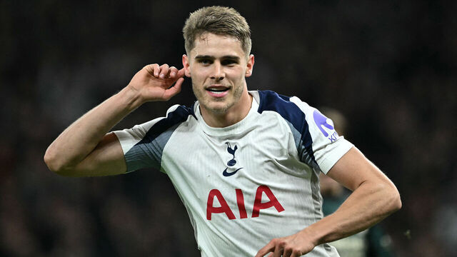 Tottenham Hotspur's Dutch defender #37 Micky van de Ven celebrates after scoring their third goal during the UEFA Champions League, league phase football match between Tottenham Hotspur and FC Copenhagen at the Tottenham Hotspur Stadium in London, on November 4, 2025.