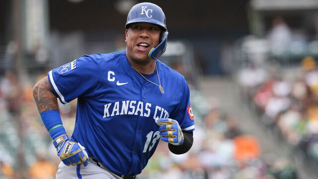 SACRAMENTO, CA - SEPTEMBER 28: Salvador Perez #13 of the Kansas City Royals runs to first base during the game between the Kansas City Royals and the Athletics at Sutter Health Park on Sunday, September 28, 2025 in Sacramento, California.