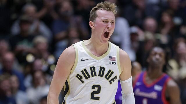 WEST LAFAYETTE, INDIANA - NOVEMBER 4: Fletcher Loyer #2 of the Purdue Boilermakers reacts during the first half of the NCAA basketball between the Purdue Boilermakers and the Evansville Purple Aces at Mackey Arena on November 4, 2025 in West Lafayette, Indiana.