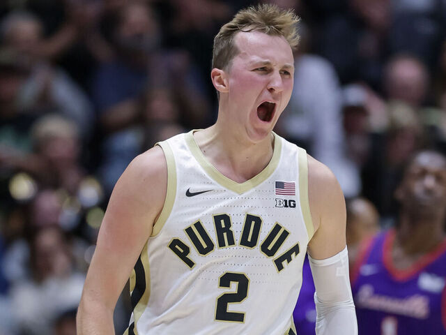 WEST LAFAYETTE, INDIANA - NOVEMBER 4: Fletcher Loyer #2 of the Purdue Boilermakers reacts during the first half of the NCAA basketball between the Purdue Boilermakers and the Evansville Purple Aces at Mackey Arena on November 4, 2025 in West Lafayette, Indiana.