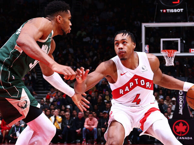 TORONTO, CANADA - NOVEMBER 4: Scottie Barnes #4 of the Toronto Raptors handles the ball during the game against the Milwaukee Bucks on November 4, 2025 at the Scotiabank Arena in Toronto, Ontario, Canada. Mandatory Copyright Notice: Copyright 2025 NBAE