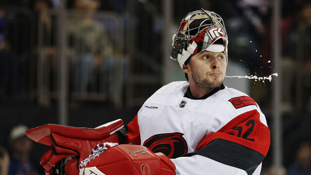 NEW YORK, NEW YORK - NOVEMBER 04: Pyotr Kochetkov #52 of the Carolina Hurricanes drinks water during the second period against the New York Rangers at Madison Square Garden on November 04, 2025 in New York City.