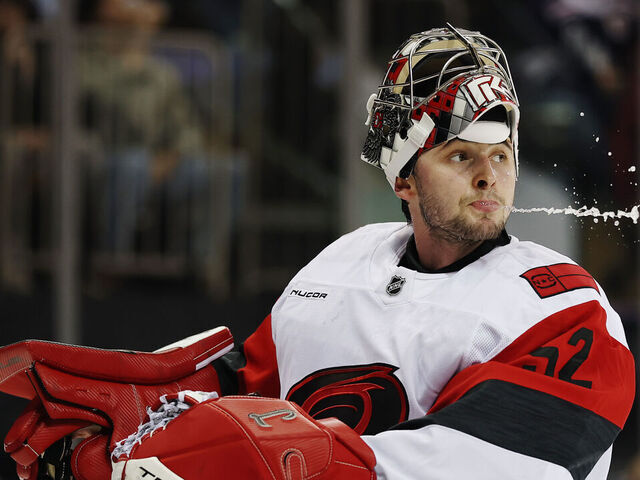 NEW YORK, NEW YORK - NOVEMBER 04: Pyotr Kochetkov #52 of the Carolina Hurricanes drinks water during the second period against the New York Rangers at Madison Square Garden on November 04, 2025 in New York City.