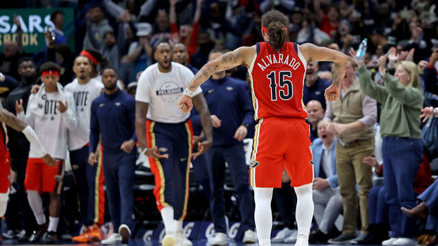 NEW ORLEANS, LOUISIANA - NOVEMBER 4: Guard Jose Alvarado #15 of the New Orleans Pelicans celebrates after he puts the Pelicans ahead for good with a three-point shot in the final seconds against the Charlotte Hornets at the Smoothie King Center on November 4, 2025 in New Orleans, Louisiana. The Pelicans won 116-112 for their first win of the season.