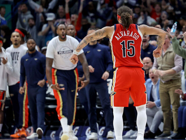 NEW ORLEANS, LOUISIANA - NOVEMBER 4: Guard Jose Alvarado #15 of the New Orleans Pelicans celebrates after he puts the Pelicans ahead for good with a three-point shot in the final seconds against the Charlotte Hornets at the Smoothie King Center on November 4, 2025 in New Orleans, Louisiana. The Pelicans won 116-112 for their first win of the season.