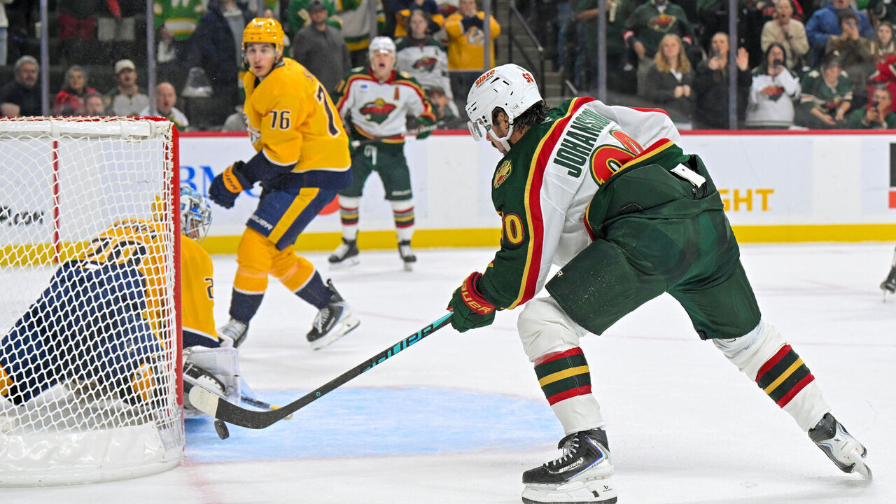 SAINT PAUL, MN - NOVEMBER 04: Minnesota Wild forward Marcus Johansson (90) is awarded the game-winning goal on this play as it was determined that Nashville Predators goalie Justus Annunen (29) intentionally knocked the goal of it's mooring in overtime of a NHL game between the Minnesota Wild and Nashville Predators on November 4, 2025, at Grand Casino Arena in Saint Paul, MN.