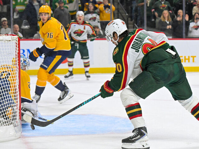 SAINT PAUL, MN - NOVEMBER 04: Minnesota Wild forward Marcus Johansson (90) is awarded the game-winning goal on this play as it was determined that Nashville Predators goalie Justus Annunen (29) intentionally knocked the goal of it's mooring in overtime of a NHL game between the Minnesota Wild and Nashville Predators on November 4, 2025, at Grand Casino Arena in Saint Paul, MN.