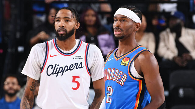 INGLEWOOD, CA - NOVEMBER 4: Derrick Jones Jr. #5 of the LA Clippers and Shai Gilgeous-Alexander #2 of the Oklahoma City Thunder look on during the game on November 4, 2025 at Intuit Dome in Los Angeles, California. NOTE TO USER: User expressly acknowledges and agrees that, by downloading and/or using this Photograph, user is consenting to the terms and conditions of the Getty Images License Agreement. Mandatory Copyright Notice: Copyright 2025 NBAE