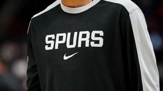 DETROIT, MICHIGAN - MARCH 25: A detail of the San Antonio Spurs uniform during the game against the Detroit Pistons at Little Caesars Arena on March 25, 2025 in Detroit, Michigan.