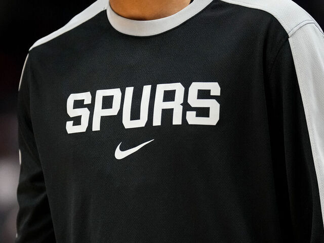 DETROIT, MICHIGAN - MARCH 25: A detail of the San Antonio Spurs uniform during the game against the Detroit Pistons at Little Caesars Arena on March 25, 2025 in Detroit, Michigan.