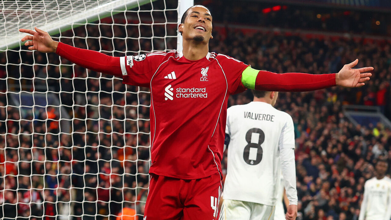 LIVERPOOL, ENGLAND - NOVEMBER 04: Virgil van Dijk of Liverpool celebrates the opening goal during the UEFA Champions League 2025/26 League Phase MD4 match between Liverpool FC and Real Madrid C.F. at Anfield on November 04, 2025 in Liverpool, England.