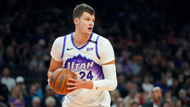 PHOENIX, ARIZONA - OCTOBER 31: Walker Kessler #24 of the Utah Jazz handles the ball during the first half of the Emirates NBA Cup game against the Phoenix Suns at Mortgage Matchup Center on October 31, 2025 in Phoenix, Arizona. The Suns defeated the Jazz 118-96. NOTE TO USER: User expressly acknowledges and agrees that, by downloading and/or using this photograph, user is consenting to the terms and conditions of the Getty Images License Agreement.