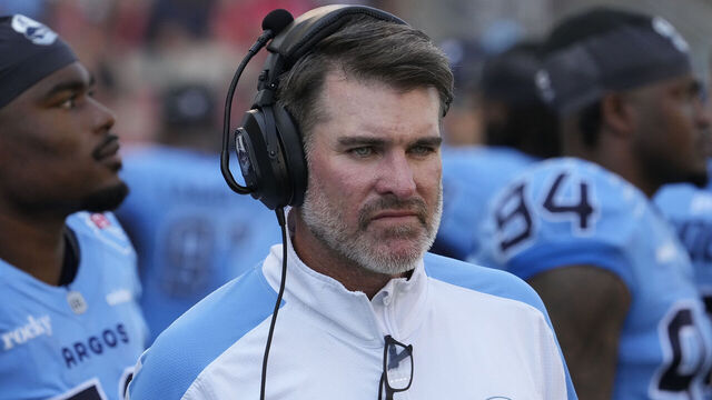 TORONTO, CANADA - AUGUST 9: Head coach Ryan Dinwiddie of the Toronto Argonauts on the sidelines during the first half against the Ottawa Redblacks at BMO Field on August 9, 2025 in Toronto, Canada.