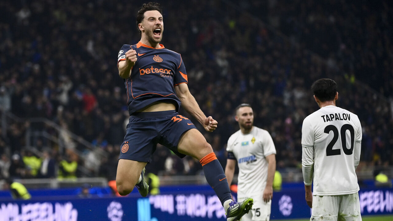 MILAN, ITALY - NOVEMBER 5: Carlos Augusto of FC Internazionale celebrates a second goal during the UEFA Champions League 2025/26 League Phase MD4 match between FC Internazionale Milano and FC Kairat Almaty at Stadio San Siro on November 5, 2025 in Milan, Italy.