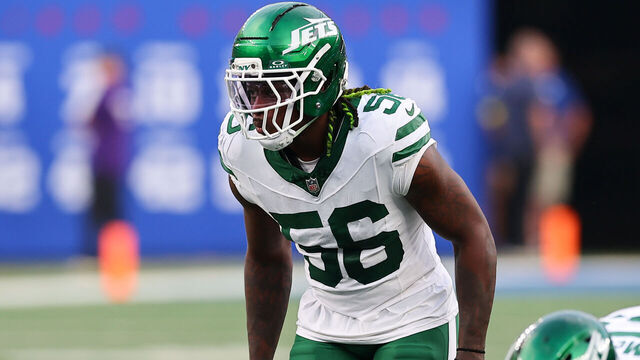 EAST RUTHERFORD, NJ - AUGUST 16: Quincy Williams #56 of the New York Jets during the preseason game against the New York Giants on August 16, 2025 at MetLife Stadium in East Rutherford, New Jersey.