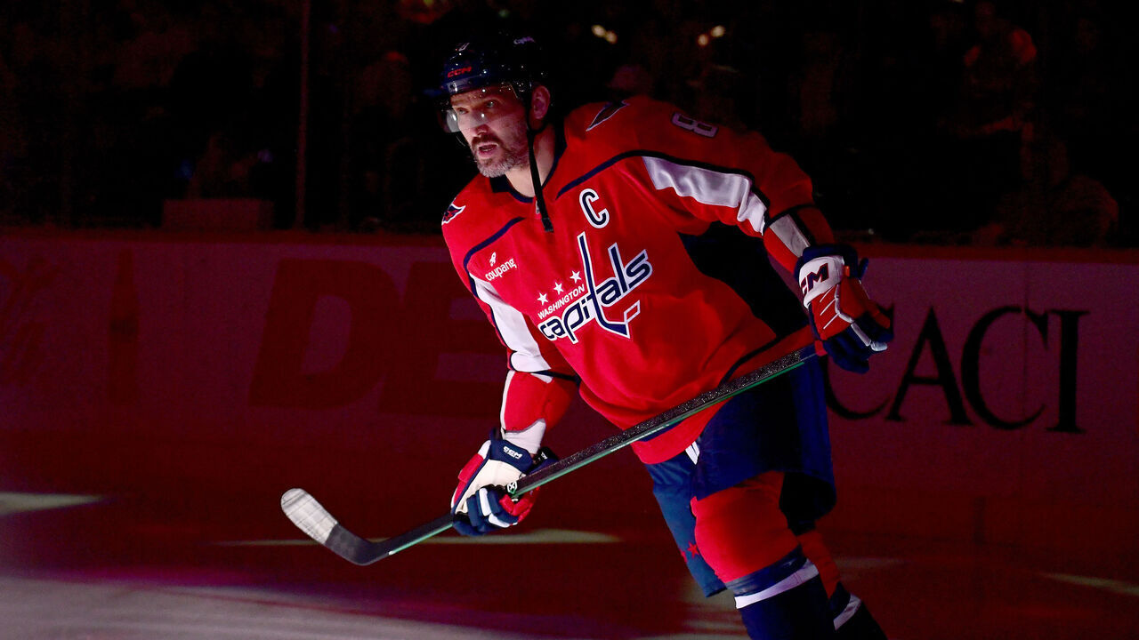WASHINGTON, DC - NOVEMBER 05: Capitals left wing Alexander Alex Ovechkin (8) skates through a spotlight during warmups during the St. Louis Blues versus Washington Capitals National Hockey League game on November 5, 2025 at Capital One Arena in Washington, D.C..