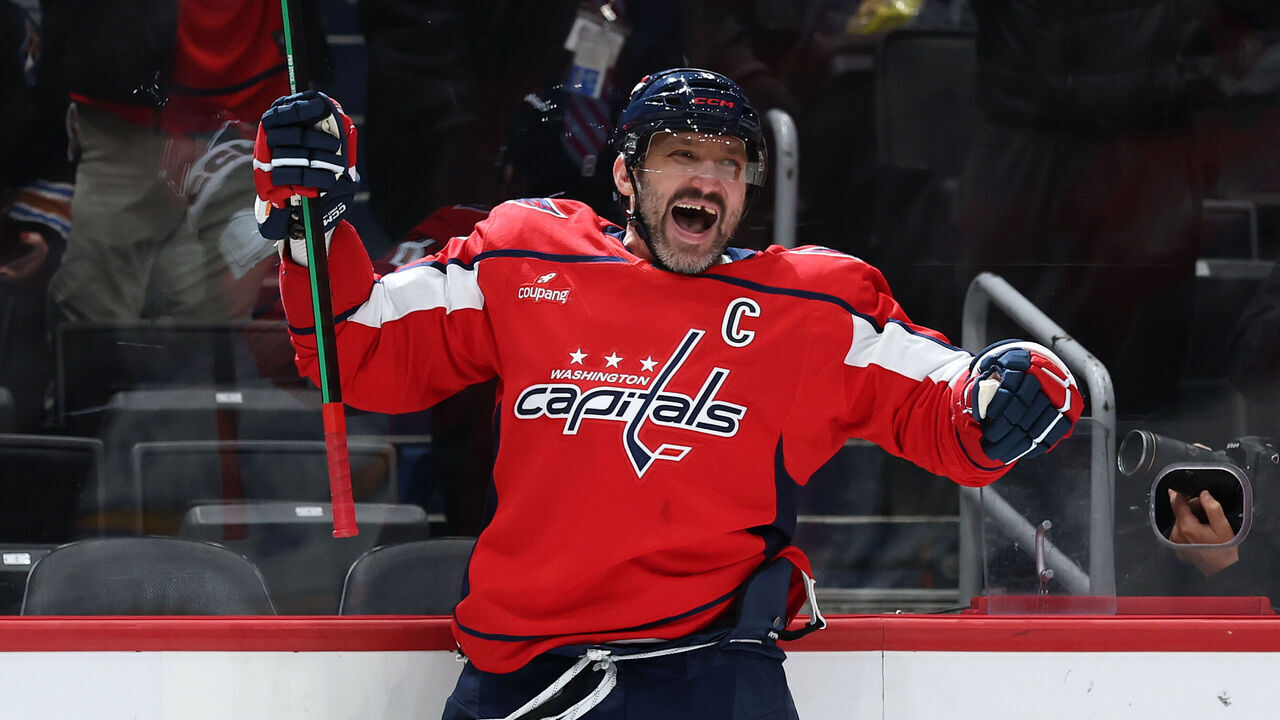 WASHINGTON, DC - NOVEMBER 05: Alex Ovechkin #8 of the Washington Capitals celebrates after scoring NHL career goal 900 against the St. Louis Blues during the second period at Capital One Arena on November 5, 2025 in Washington, DC.