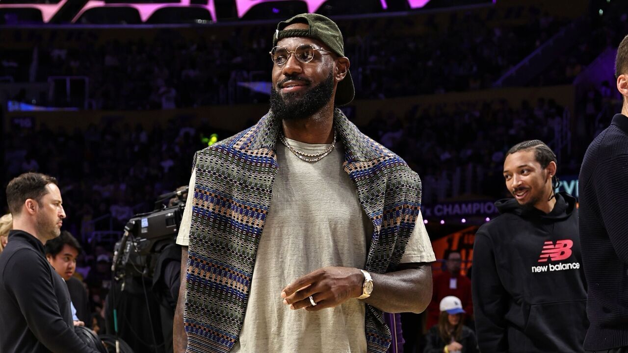LOS ANGELES, CA - NOVEMBER 2: LeBron James #23 of the Los Angeles Lakers looks on during the game against the Miami Heat on November 2, 2025 at Crypto.Com Arena in Los Angeles, California. NOTE TO USER: User expressly acknowledges and agrees that, by downloading and/or using this Photograph, user is consenting to the terms and conditions of the Getty Images License Agreement. Mandatory Copyright Notice: Copyright 2025 NBAE