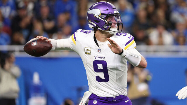 DETROIT, MICHIGAN - NOVEMBER 02: J.J. McCarthy #9 of the Minnesota Vikings throws a pass in the second quarter against the Detroit Lions in the game at Ford Field on November 02, 2025 in Detroit, Michigan.