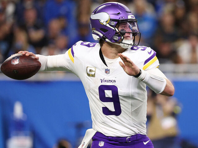 DETROIT, MICHIGAN - NOVEMBER 02: J.J. McCarthy #9 of the Minnesota Vikings throws a pass in the second quarter against the Detroit Lions in the game at Ford Field on November 02, 2025 in Detroit, Michigan.