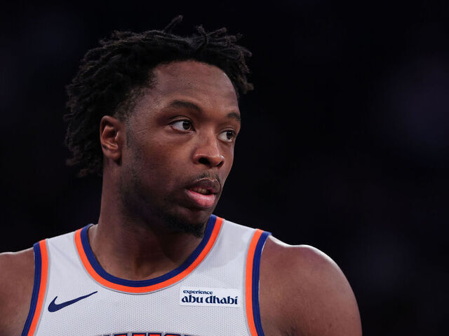 NEW YORK, NEW YORK - NOVEMBER 03: OG Anunoby #8 of the New York Knicks looks on during the third quarter of the game against the Washington Wizards at Madison Square Garden on November 03, 2025 in New York City.