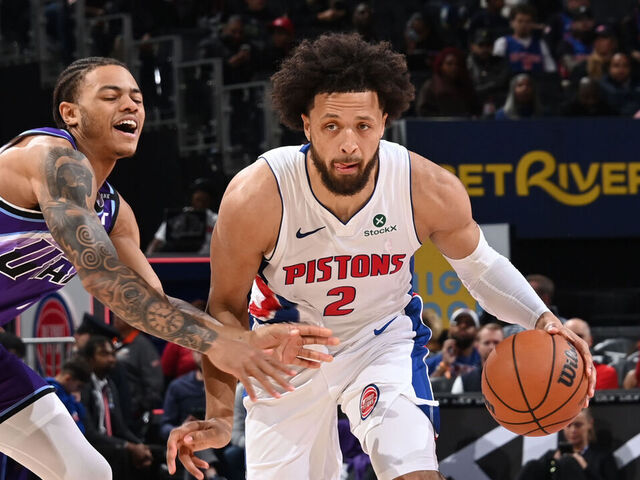 DETROIT, MI - November 5: Cade Cunningham #2 of the Detroit Pistons drives to the basket during the game against the Utah Jazz on November 5, 2025 at Little Caesars Arena in Detroit, Michigan. NOTE TO USER: User expressly acknowledges and agrees that, by downloading and/or using this photograph, User is consenting to the terms and conditions of the Getty Images License Agreement. Mandatory Copyright Notice: Copyright 2025 NBAE