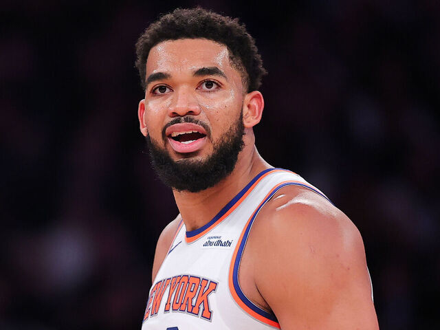 NEW YORK, NEW YORK - NOVEMBER 05: Karl-Anthony Towns #32 of the New York Knicks reacts during the third quarter against the Minnesota Timberwolves at Madison Square Garden on November 05, 2025 in New York City.