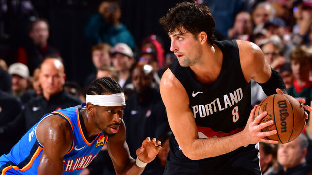 PORTLAND, OR - NOVEMBER 5: Deni Avdija #8 of the Portland Trail Blazers is guarded by Shai Gilgeous-Alexander #2 of the Oklahoma City Thunder on November 5, 2025 at the Moda Center Arena in Portland, Oregon. Mandatory Copyright Notice: Copyright 2025 NBAE