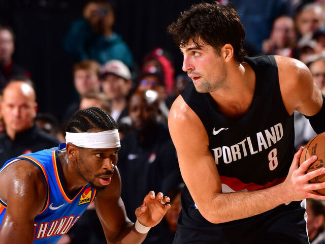 PORTLAND, OR - NOVEMBER 5: Deni Avdija #8 of the Portland Trail Blazers is guarded by Shai Gilgeous-Alexander #2 of the Oklahoma City Thunder on November 5, 2025 at the Moda Center Arena in Portland, Oregon. Mandatory Copyright Notice: Copyright 2025 NBAE