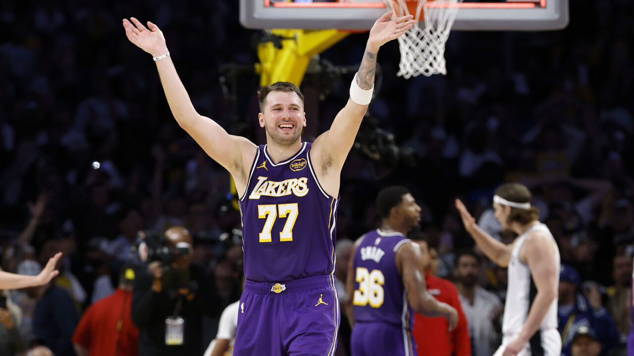 LOS ANGELES, CALIFORNIA - NOVEMBER 05: Luka Doncic #77 of the Los Angeles Lakers reacts during a 118-116 Los Angeles Lakers win over the San Antonio Spurs at Crypto.com Arena on November 05, 2025 in Los Angeles, California.